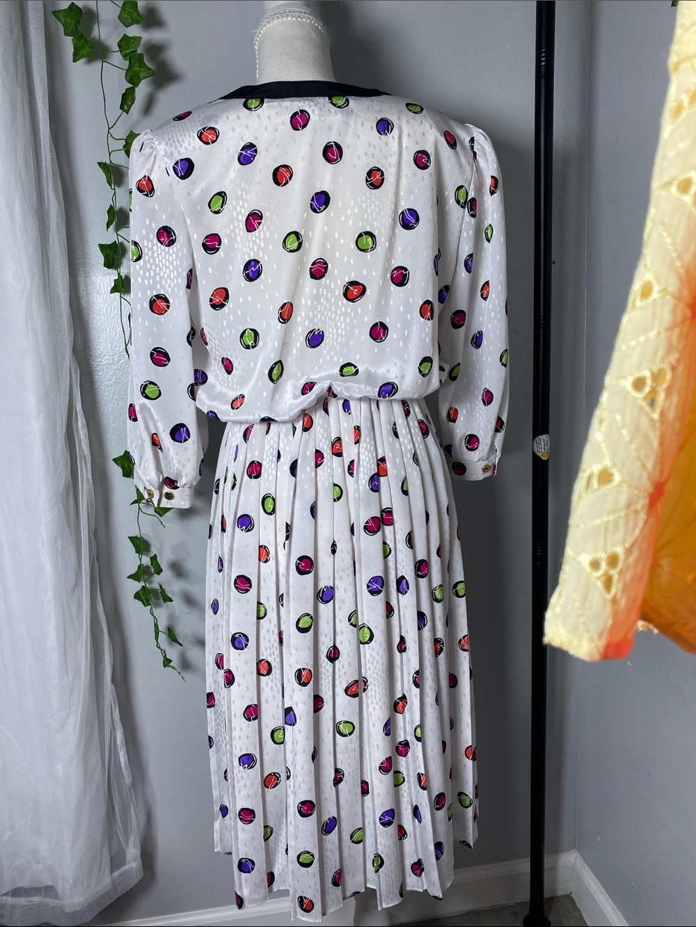 Vintage 80s Polka Dot Pleated Midi Dress Colorful Retro Secretary Dress - Picture 3 of 4